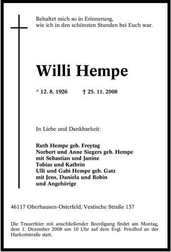 Traueranzeige von Willi Hempe von Tageszeitung