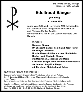 Traueranzeige von Edeltraud Sänger von Tageszeitung