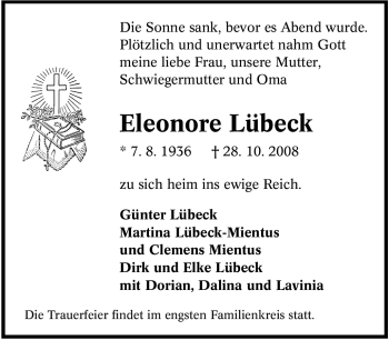 Traueranzeige von Eleonore Lübeck von Tageszeitung