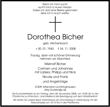 Traueranzeige von Dorothea Bicher von Tageszeitung