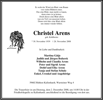 Traueranzeige von Christel Arens von Tageszeitung