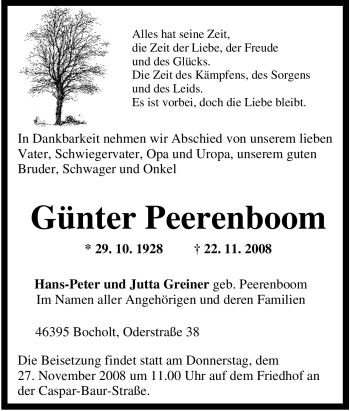 Traueranzeige von Günter Peerenboom von Tageszeitung