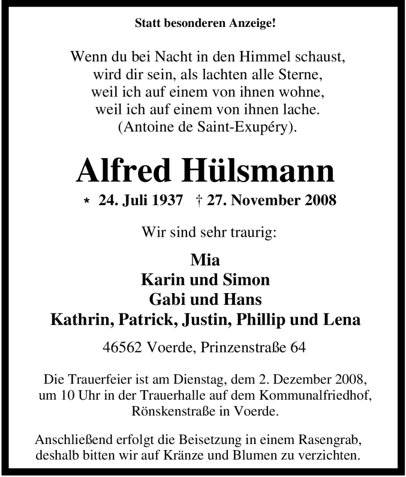  Traueranzeige für Alfred Hülsmann vom 29.11.2008 aus Tageszeitung