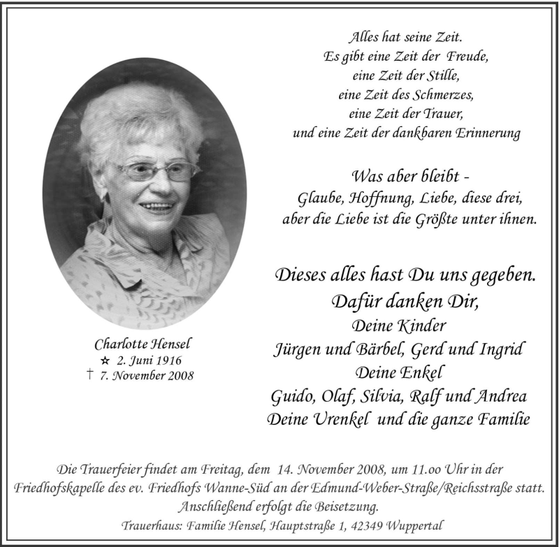  Traueranzeige für Charlotte Hensel vom 11.11.2008 aus Tageszeitung