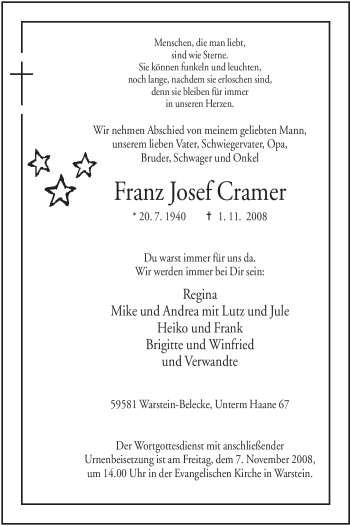 Traueranzeige von Franz Josef Cramer von Tageszeitung
