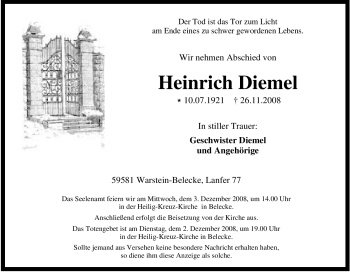 Traueranzeige von Heinrich Diemel von Tageszeitung