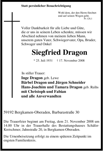 Traueranzeige von Siegfried Dragon von Tageszeitung