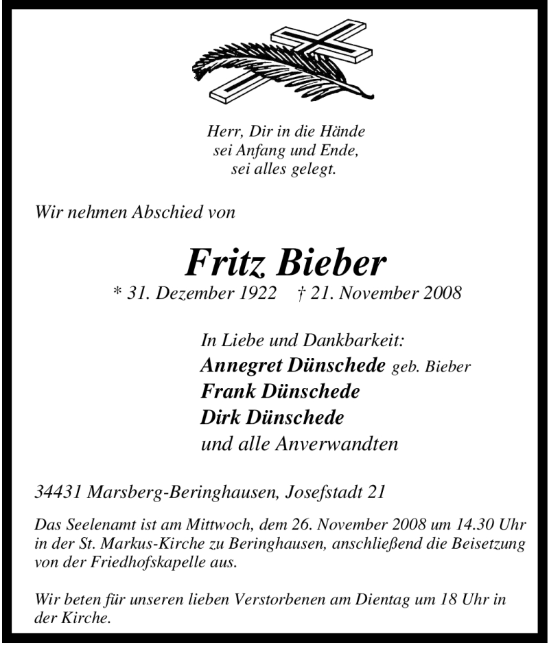  Traueranzeige für Fritz Bieber vom 24.11.2008 aus Tageszeitung