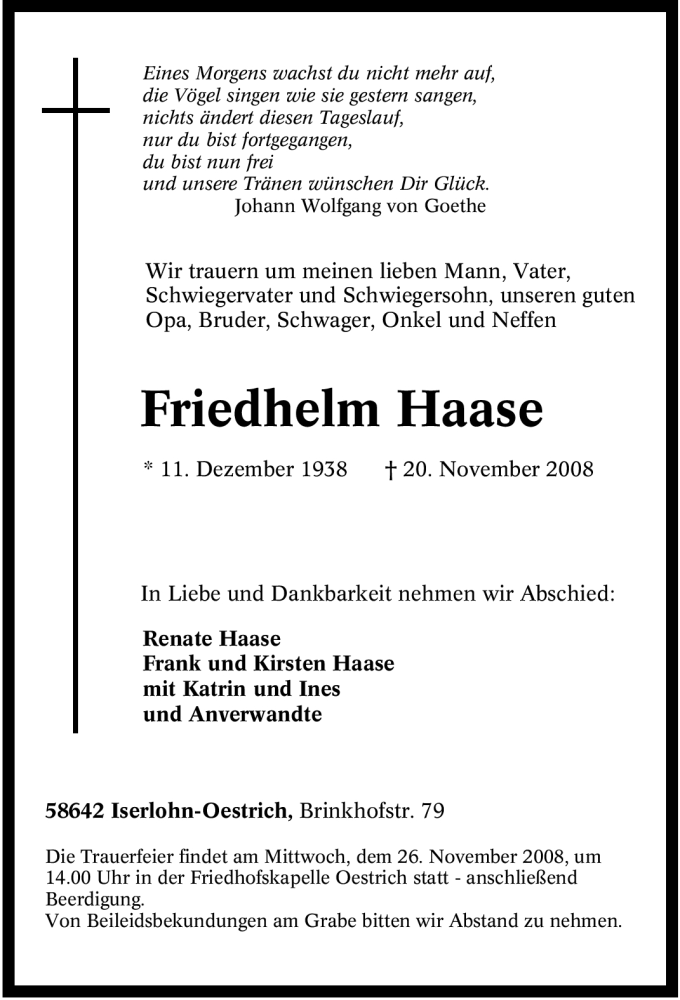 Traueranzeigen von Friedhelm Haase TrauerinNRW.de
