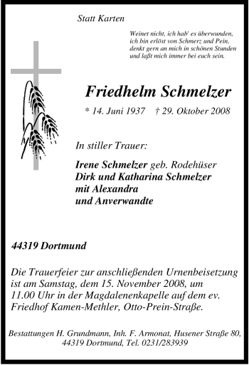 Traueranzeige von Friedhelm Schmelzer von Tageszeitung