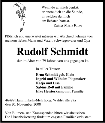Traueranzeige von Rudolf Schmidt von Tageszeitung