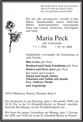 Traueranzeige von Maria Peck von Tageszeitung