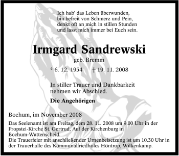 Traueranzeige von Irmgard Sandrewski von Tageszeitung