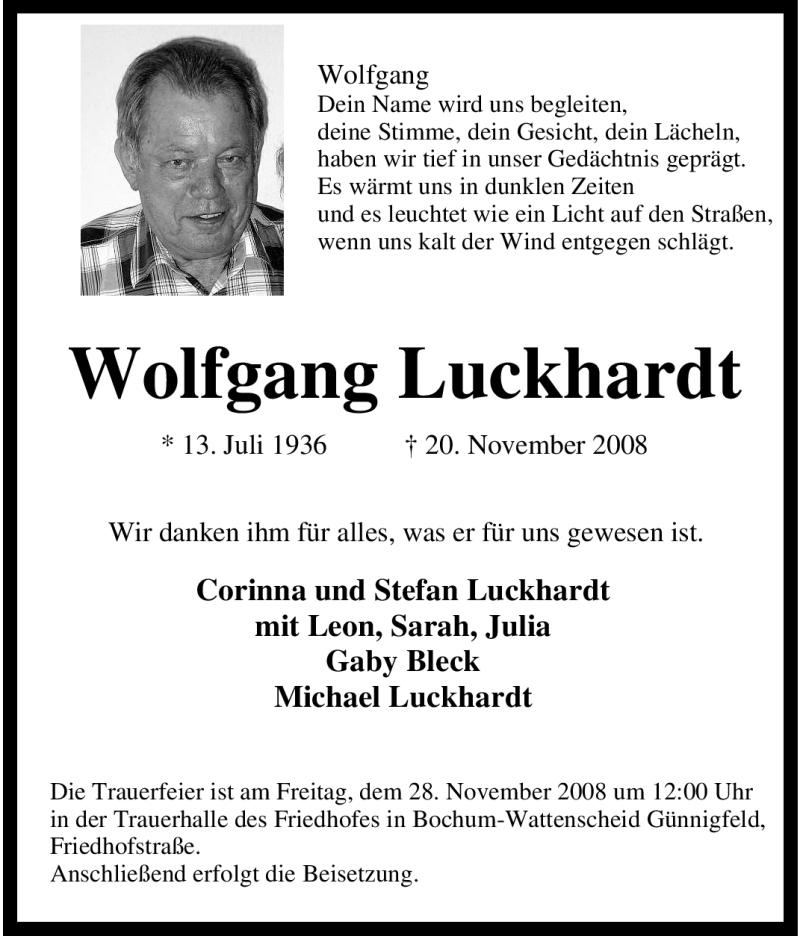  Traueranzeige für Wolfgang Luckhardt vom 27.11.2008 aus Tageszeitung