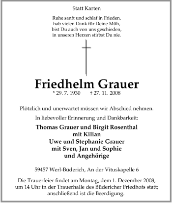 Traueranzeige von Friedhelm Grauer von Tageszeitung