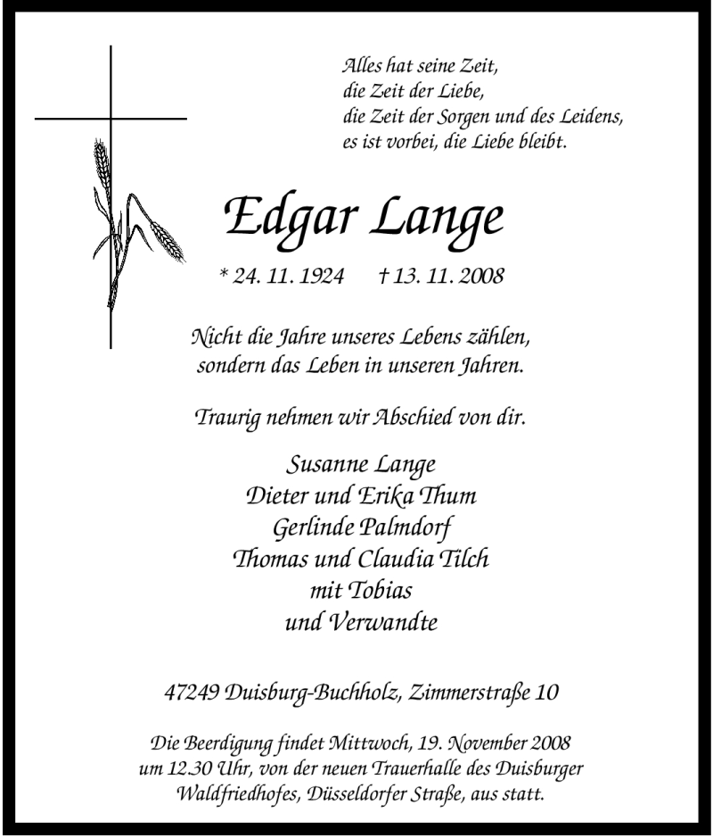 Traueranzeige für Edgar Lange vom 17.11.2008 aus Tageszeitung