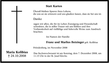Traueranzeige von Maria Kolibius von Tageszeitung