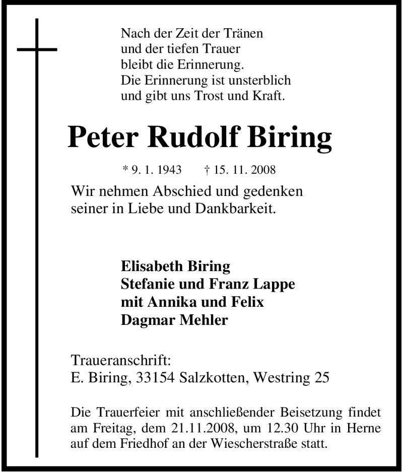  Traueranzeige für Peter Rudolf Biring vom 19.11.2008 aus Tageszeitung