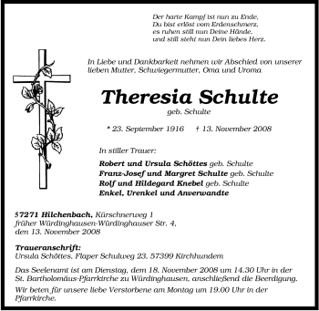 Traueranzeige von Theresia Schulte von Tageszeitung