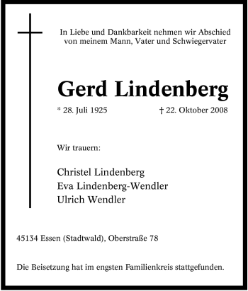 Traueranzeige von Gerd Lindenberg von Tageszeitung