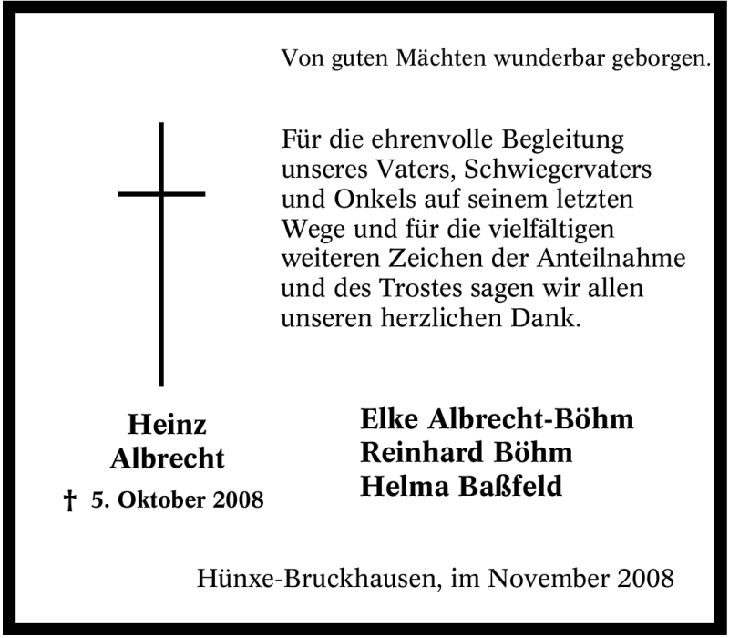  Traueranzeige für Heinz Albrecht vom 15.11.2008 aus Tageszeitung