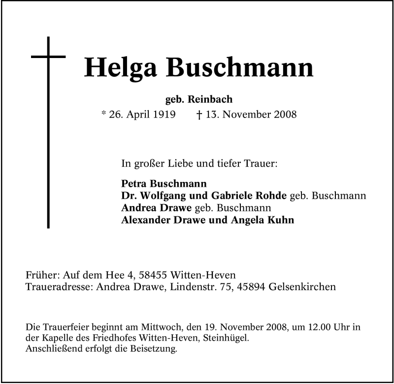  Traueranzeige für Helga Buschmann vom 17.11.2008 aus Tageszeitung
