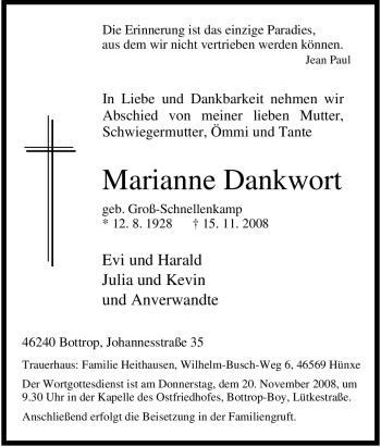 Traueranzeige von Marianne Dankwort von Tageszeitung