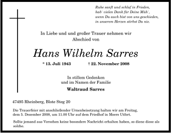 Traueranzeige von Hans Wilhelm Sarres von Tageszeitung