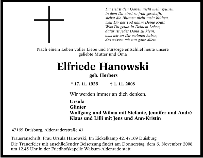  Traueranzeige für Elfriede Hanowski vom 04.11.2008 aus Tageszeitung