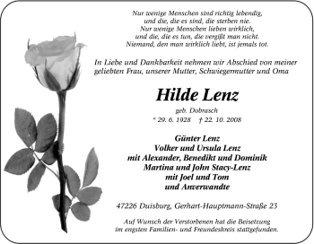 Traueranzeige von Hilde Lenz von Tageszeitung