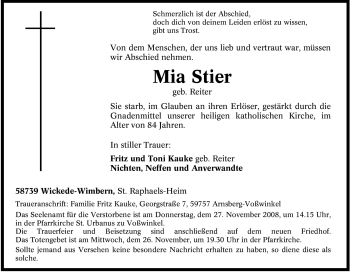 Traueranzeige von Mia Stier von Tageszeitung