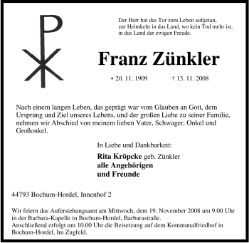 Traueranzeige von Franz Zünkler von Tageszeitung