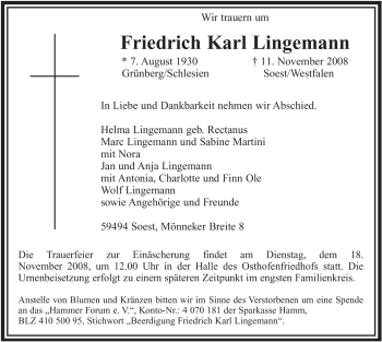 Traueranzeige von Friedrich Karl Lingemann von Tageszeitung