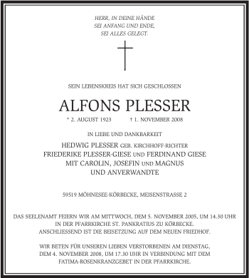 Traueranzeige von Alfons Plesser von Tageszeitung