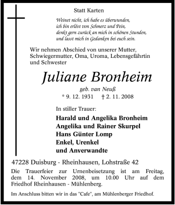 Traueranzeige von Juliane Bronheim von Tageszeitung