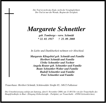 Traueranzeige von Margarete Schnettler von Tageszeitung