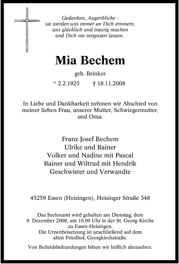 Traueranzeige von Mia Bechem von Tageszeitung