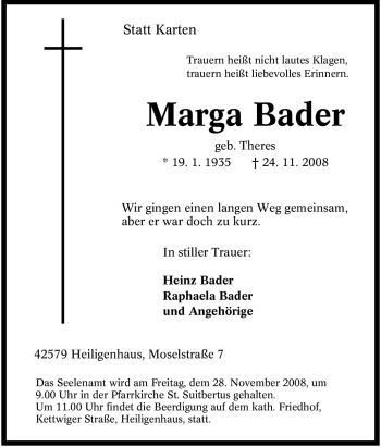 Traueranzeige von Marga Bader von Tageszeitung