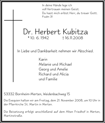 Traueranzeige von Herbert Kubitza von Tageszeitung