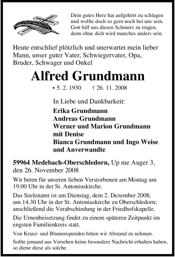 Traueranzeige von Alfred Grundmann von Tageszeitung