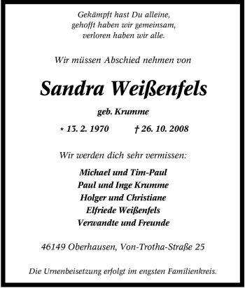 Traueranzeige von Sandra Weißenfels von Tageszeitung
