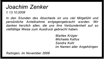 Traueranzeige von Joachim Zenker von Tageszeitung