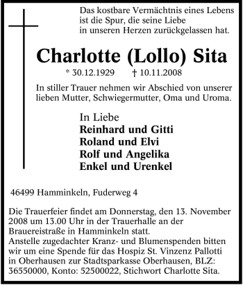 Traueranzeige von Charlotte (Lollo) Sita von Tageszeitung