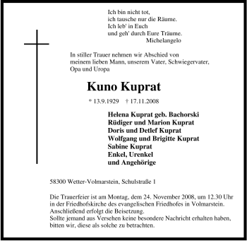 Traueranzeige von Kuno Kuprat von Tageszeitung
