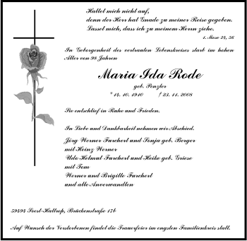 Traueranzeige von Maria Ida Rode von Tageszeitung