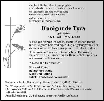 Traueranzeige von Kunigunde Tyca von Tageszeitung
