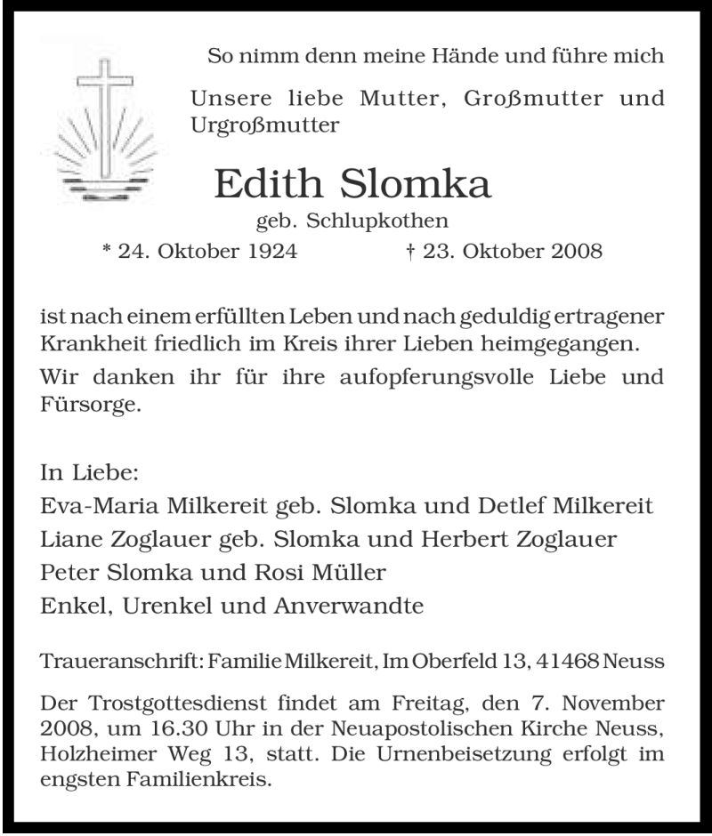  Traueranzeige für Edith Slomka vom 01.11.2008 aus Tageszeitung