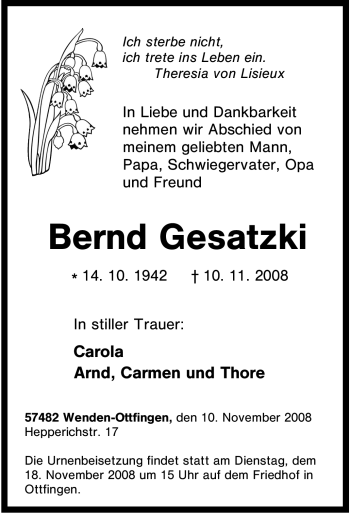 Traueranzeige von Bernd Gesatzki von Tageszeitung