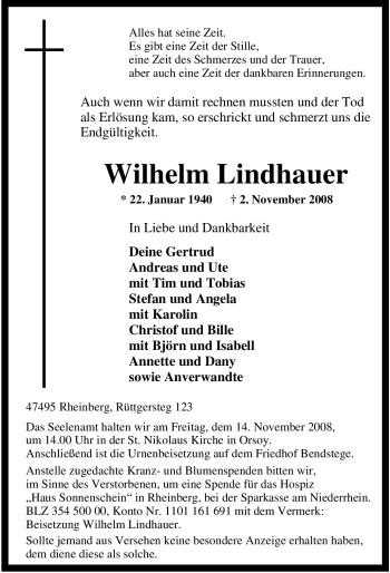 Traueranzeige von Wilhelm Lindhauer von Tageszeitung