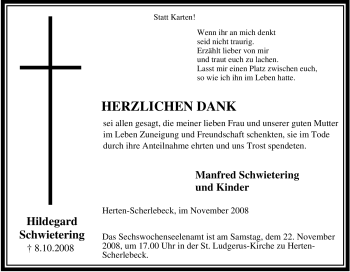 Traueranzeige von Hildegard Schwietering von Tageszeitung